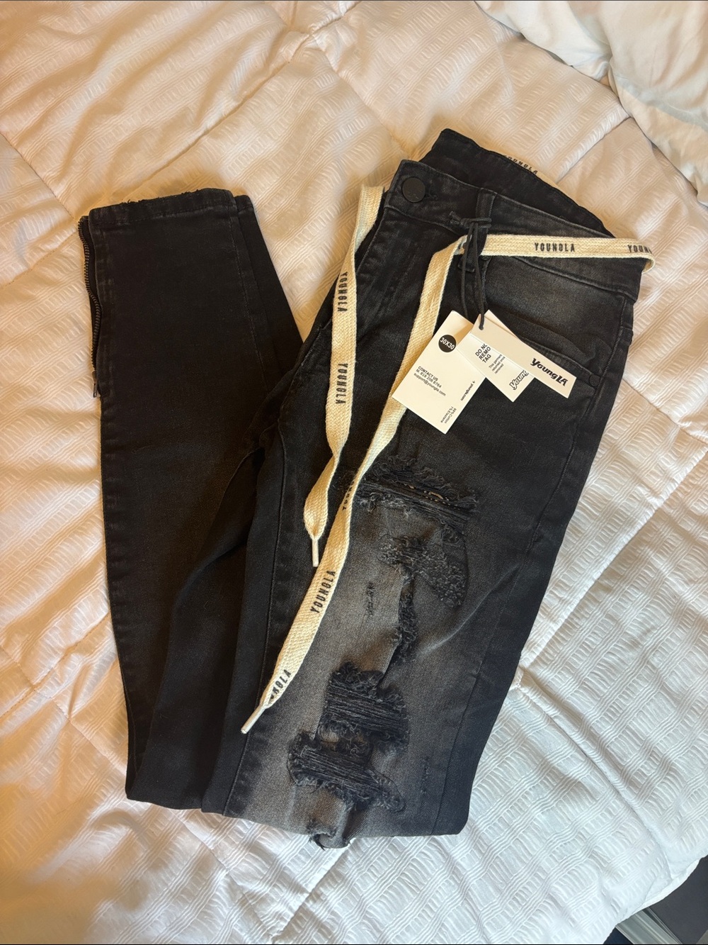 NWT Young LA Distressed Black Skinny Jean W Logo Waist Tie & Ankle Zippers 30x30